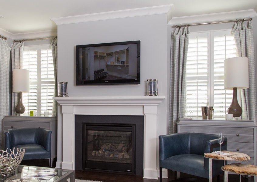 tv room Dallas faux wood shutters